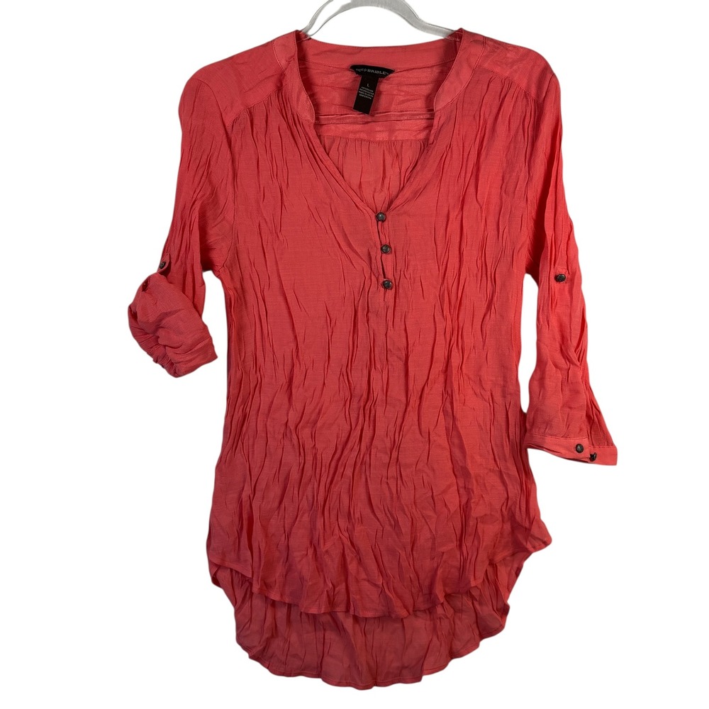 Bit & Bridle‎ Crinkle Tunic Blouse Coral Pink Rayon Blend L Roll Tab Boho